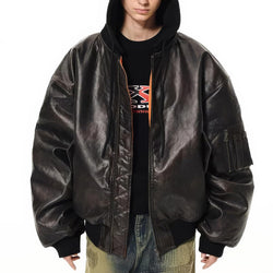 Oversized Hooded Pilot Leather Bomber Jacket - IMG