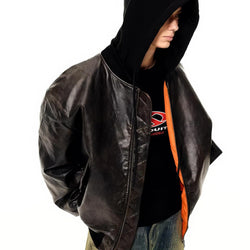 Oversized Hooded Pilot Leather Bomber Jacket - IMG