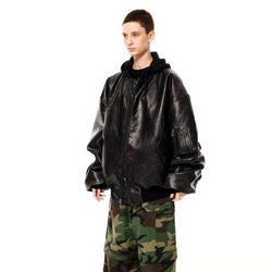 Oversized Hooded Pilot Leather Bomber Jacket - IMG