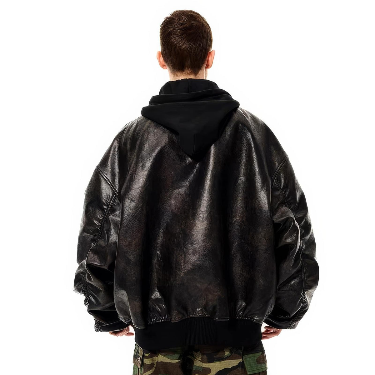 Oversized Hooded Pilot Leather Bomber Jacket - IMG