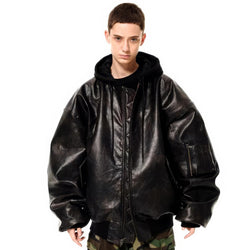 Oversized Hooded Pilot Leather Bomber Jacket - IMG