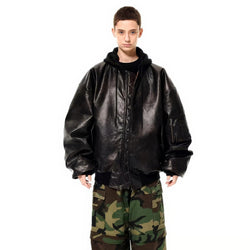 Oversized Hooded Pilot Leather Bomber Jacket - IMG