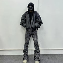 Oversized Hooded Suede Leather Bomber Jacket - IMG