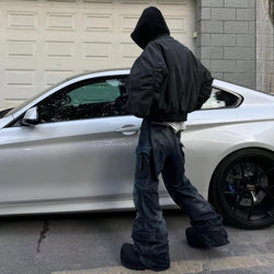 Oversized Hooded Suede Leather Bomber Jacket - IMG