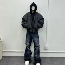 Oversized Hooded Suede Leather Bomber Jacket - IMG