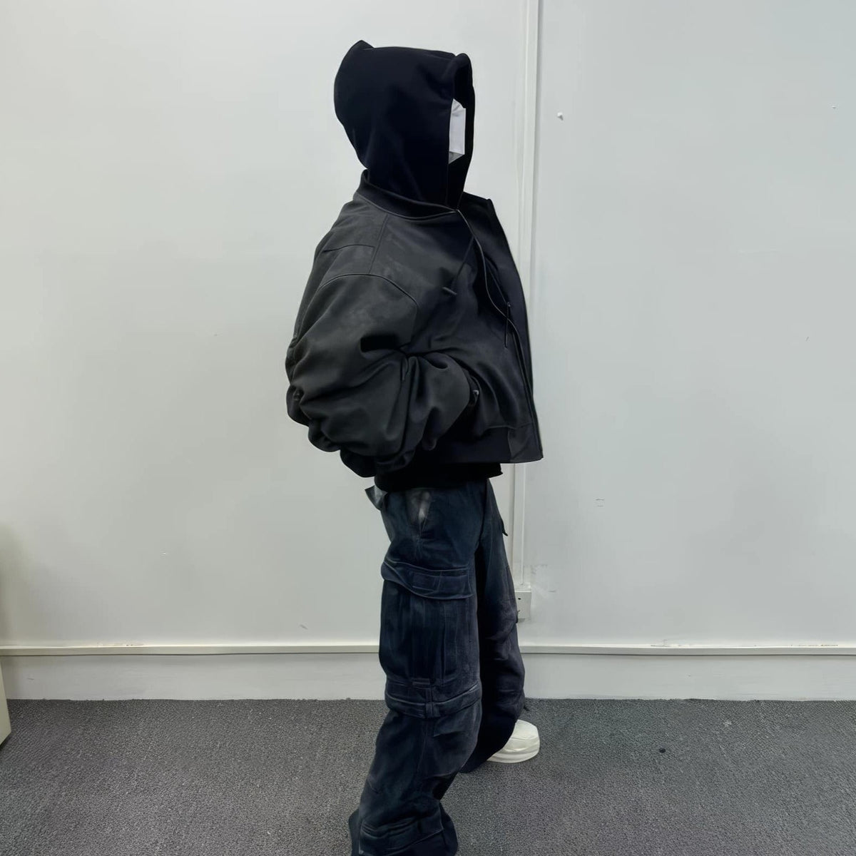Oversized Hooded Suede Leather Bomber Jacket - IMG