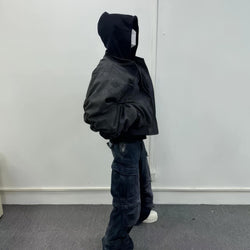 Oversized Hooded Suede Leather Bomber Jacket - IMG