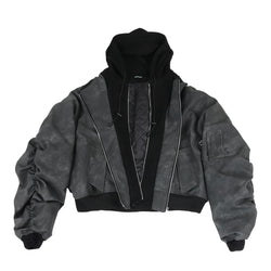 Oversized Hooded Suede Leather Bomber Jacket - IMG
