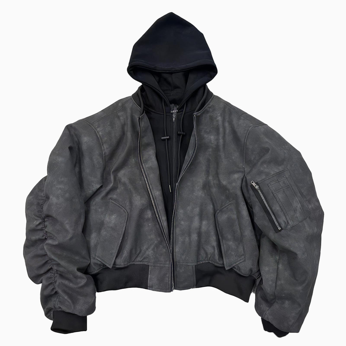 Oversized Hooded Suede Leather Bomber Jacket - IMG