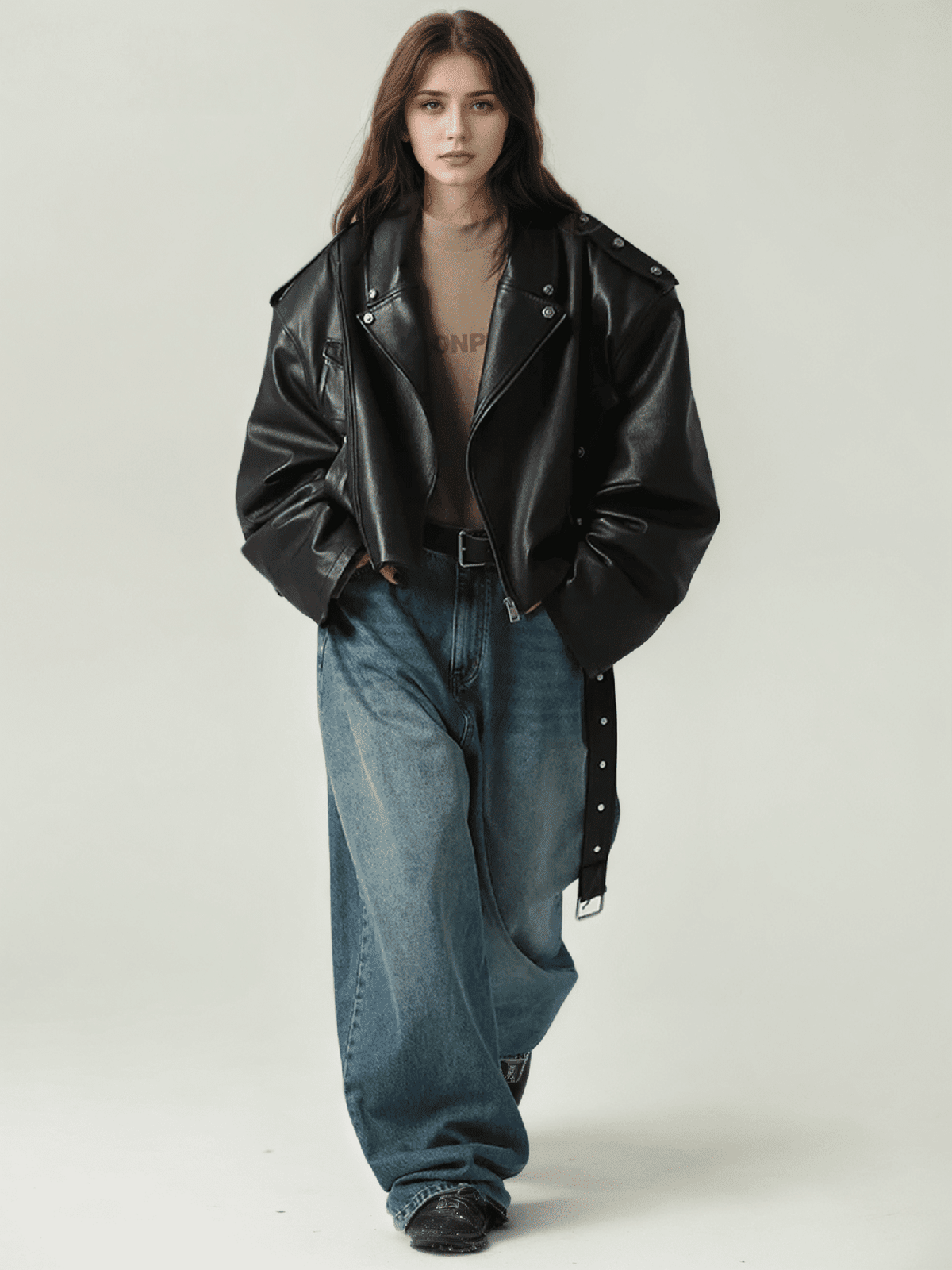 Oversized PU Leather Biker Jacket – Black - IMG