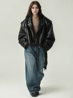 Oversized PU Leather Biker Jacket – Black - IMG
