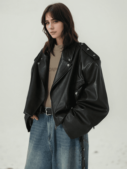 Oversized PU Leather Biker Jacket – Black - IMG
