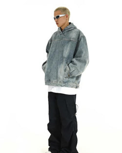 Oversized Distressed Denim Hoodie - IMG