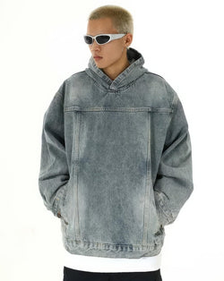 Oversized Distressed Denim Hoodie - IMG
