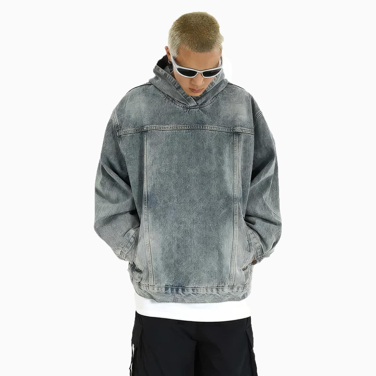 Oversized Distressed Denim Hoodie - IMG