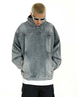 Oversized Distressed Denim Hoodie - IMG