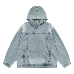 Oversized Distressed Denim Hoodie - IMG