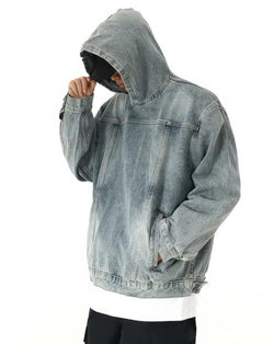 Oversized Distressed Denim Hoodie - IMG