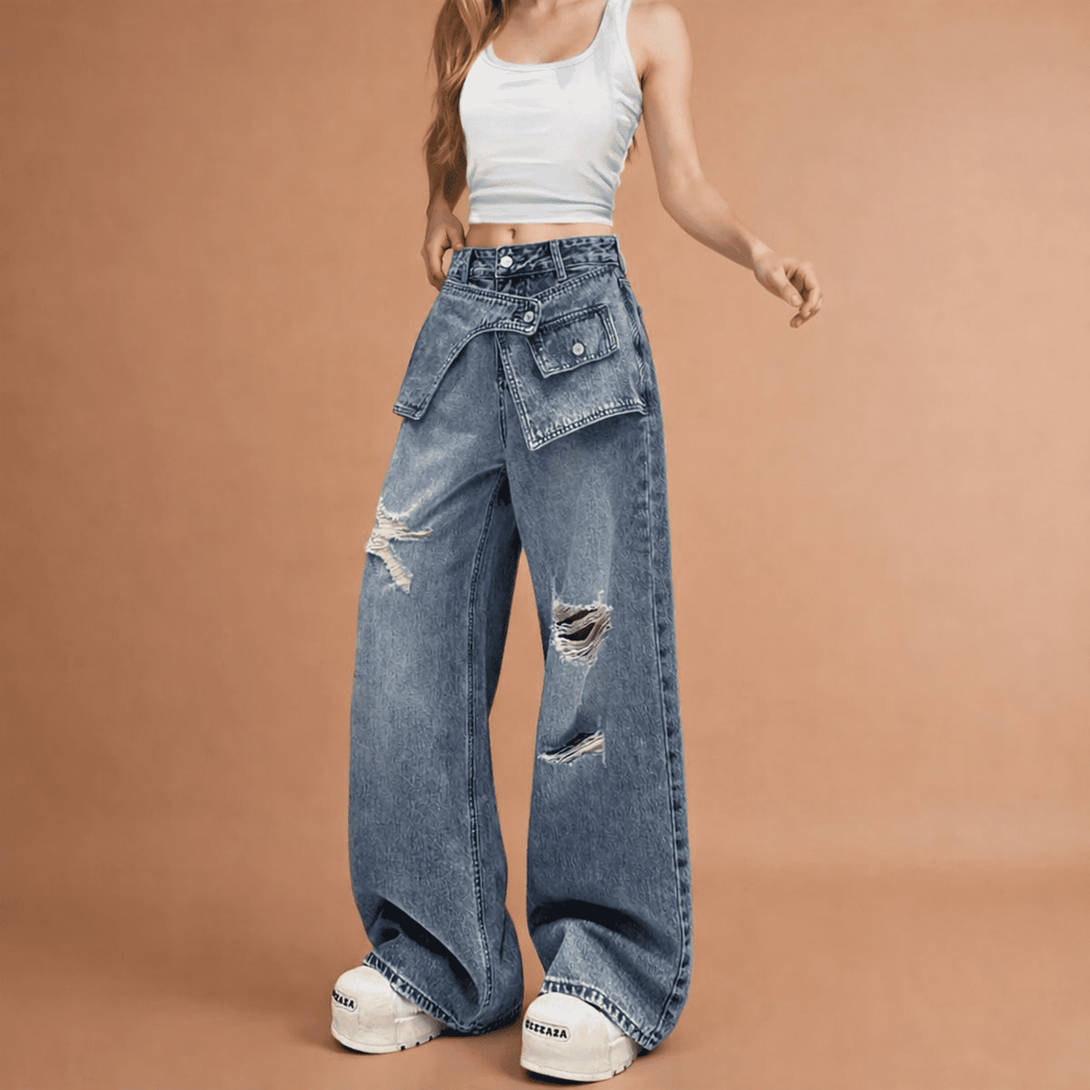 Oversized Wide Leg Jeans with Layered Waist Detail - IMG