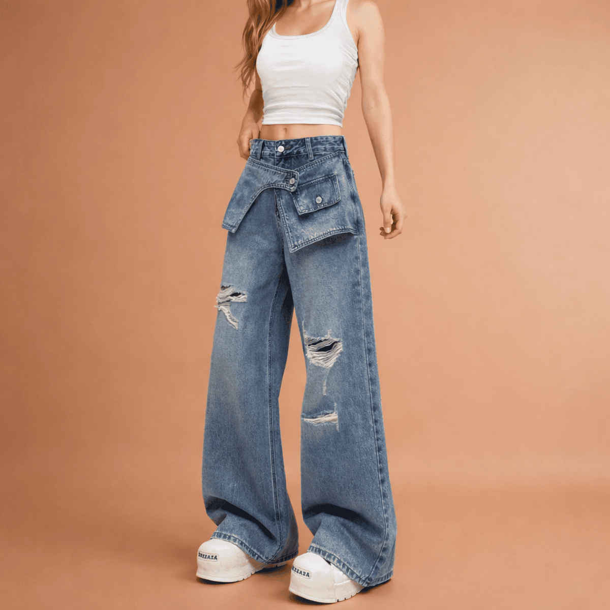 Oversized Wide Leg Jeans with Layered Waist Detail - IMG