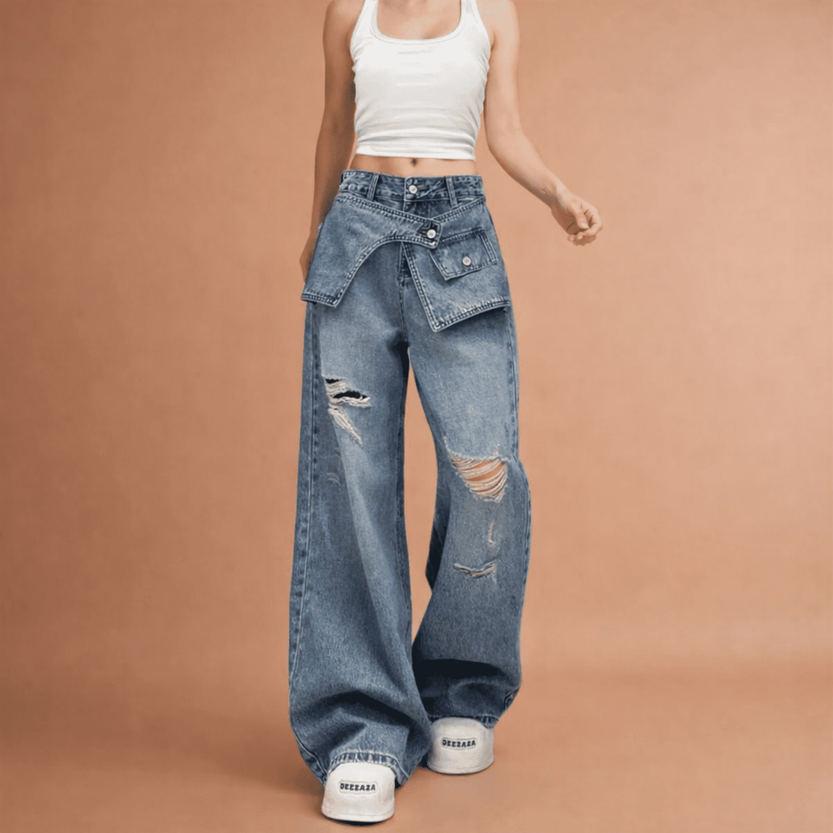Oversized Wide Leg Jeans with Layered Waist Detail - IMG