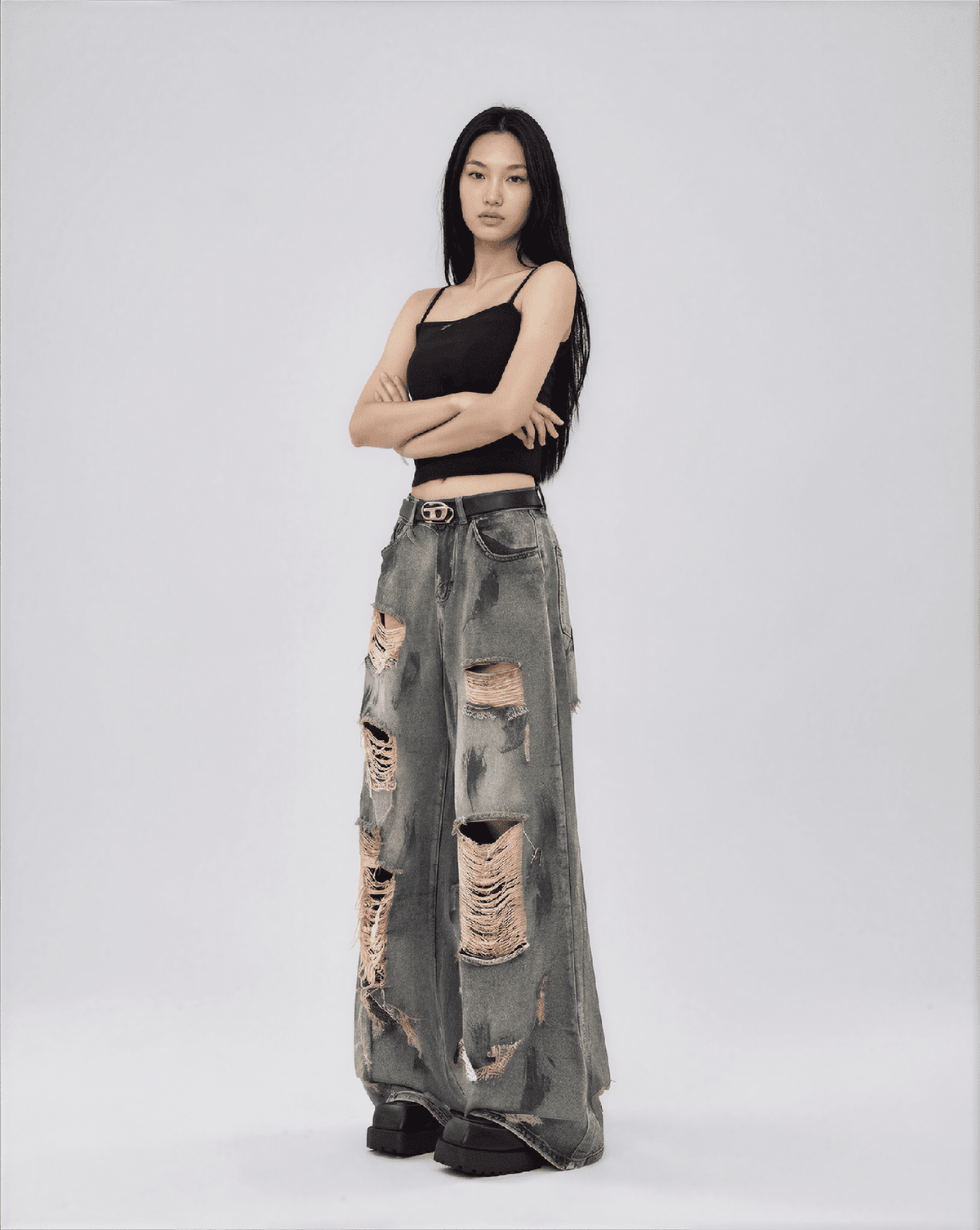 Oversized Y2K Ripped Wide-Leg Jeans - Vintage Blue - IMG