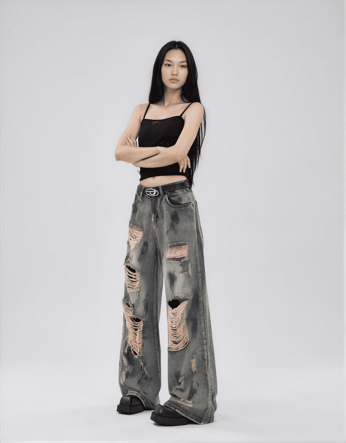 Oversized Y2K Ripped Wide-Leg Jeans - Vintage Blue - IMG