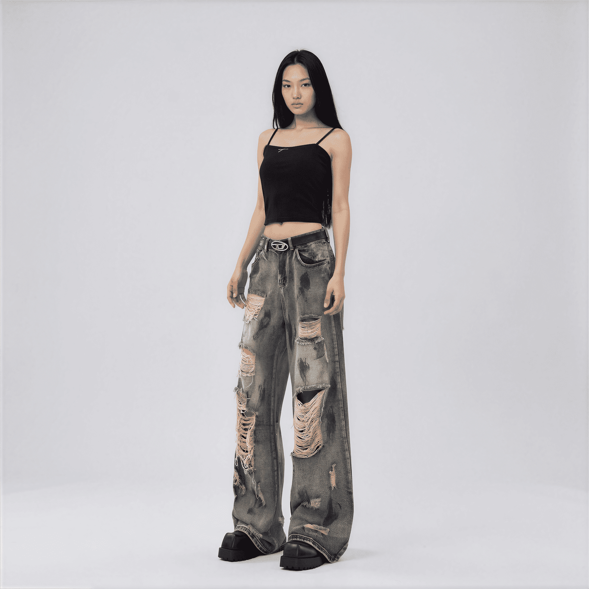 Oversized Y2K Ripped Wide-Leg Jeans - Vintage Blue - IMG