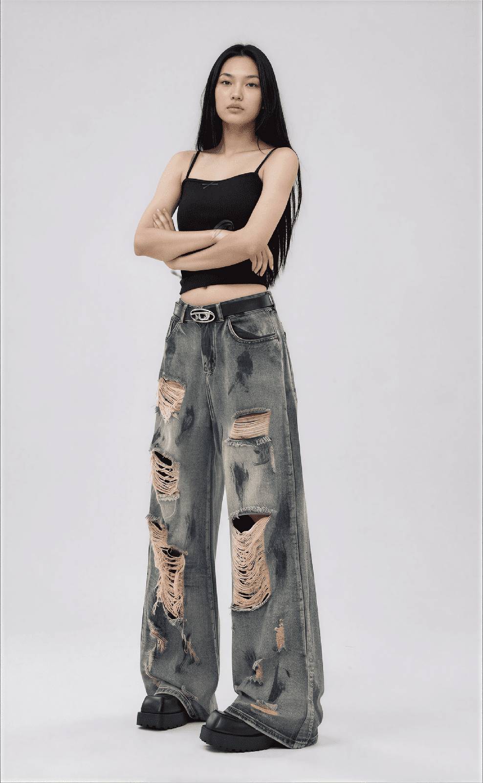 Oversized Y2K Ripped Wide-Leg Jeans - Vintage Blue - IMG