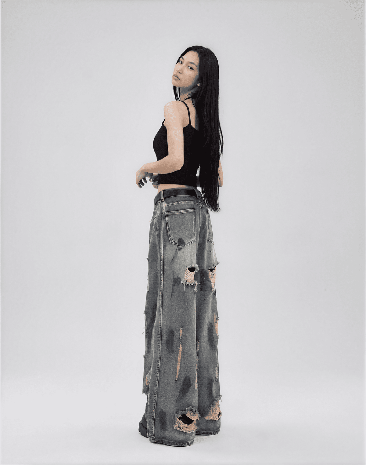 Oversized Y2K Ripped Wide-Leg Jeans - Vintage Blue - IMG