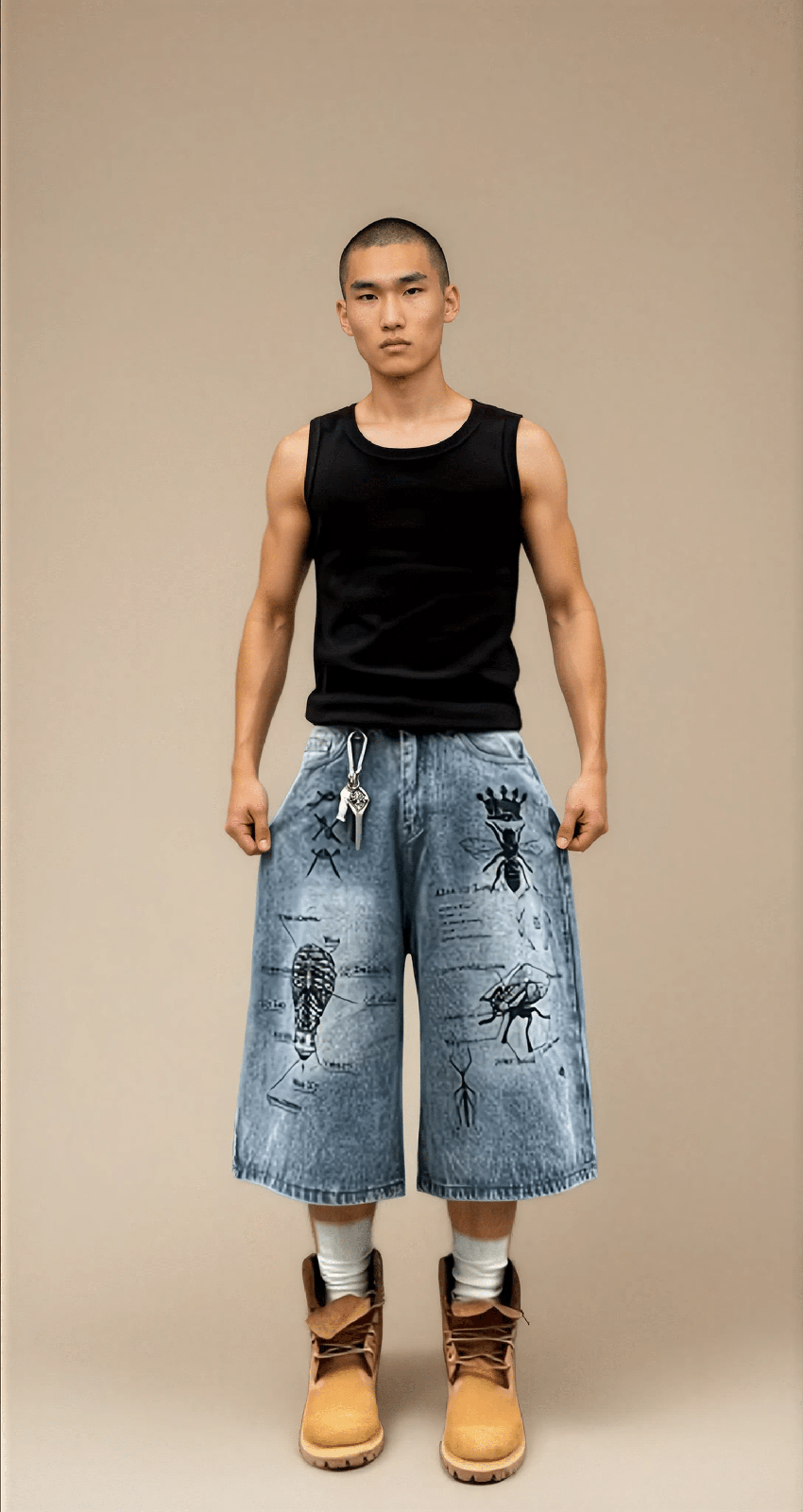 Retro Washed Graffiti Denim Long Shorts Men - IMG