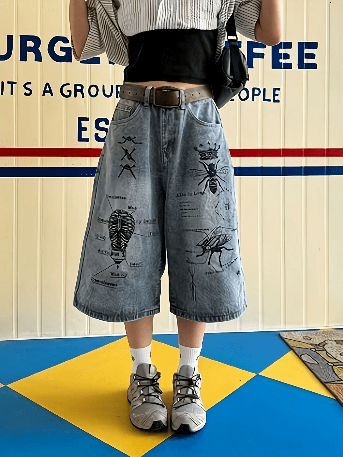 Retro Washed Graffiti Denim Long Shorts Men - IMG