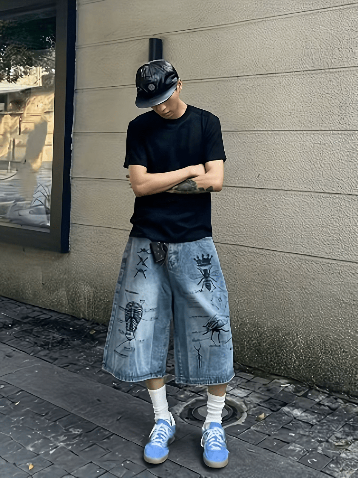 Retro Washed Graffiti Denim Long Shorts Men - IMG