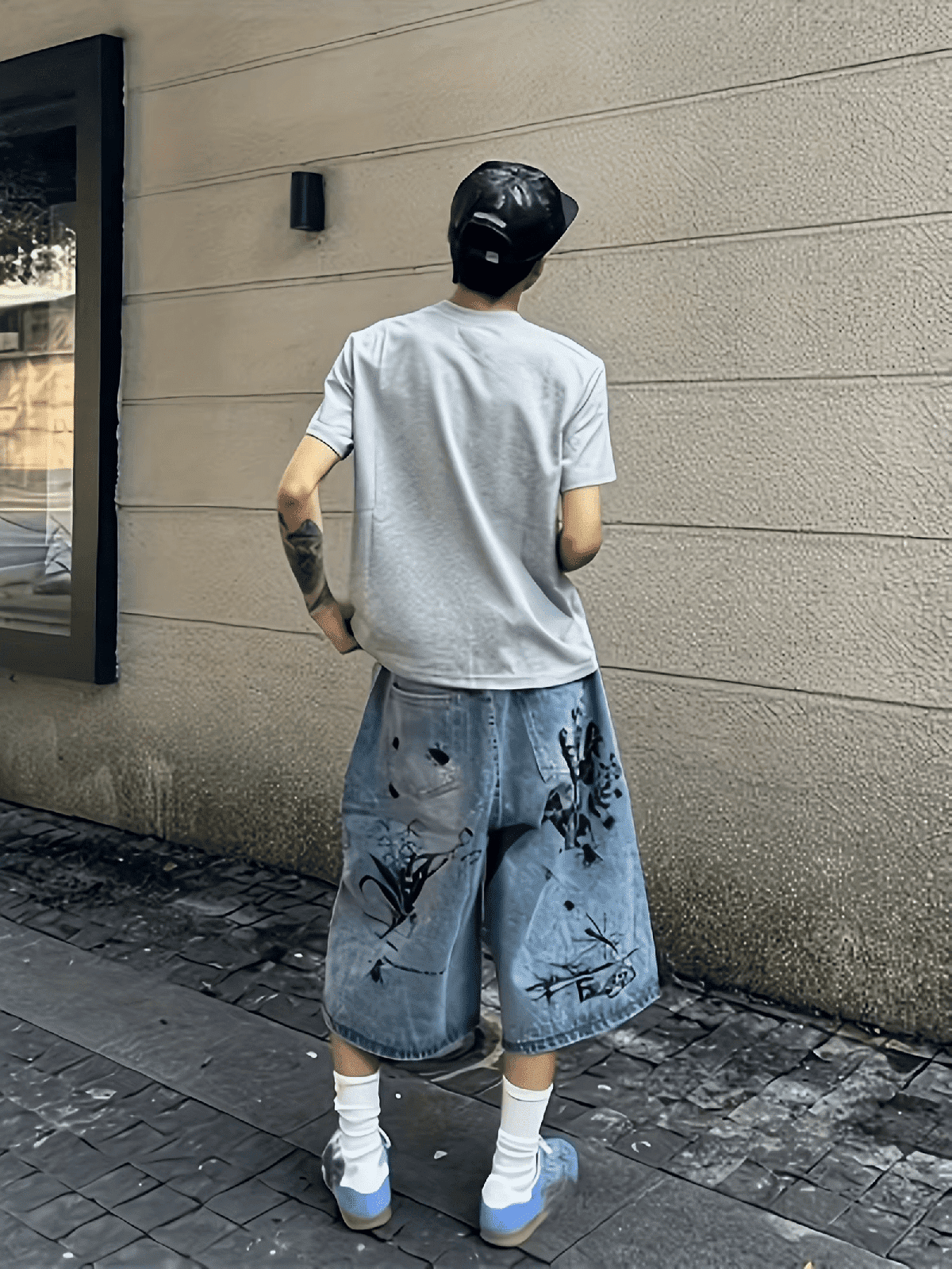 Retro Washed Graffiti Denim Long Shorts Men - IMG