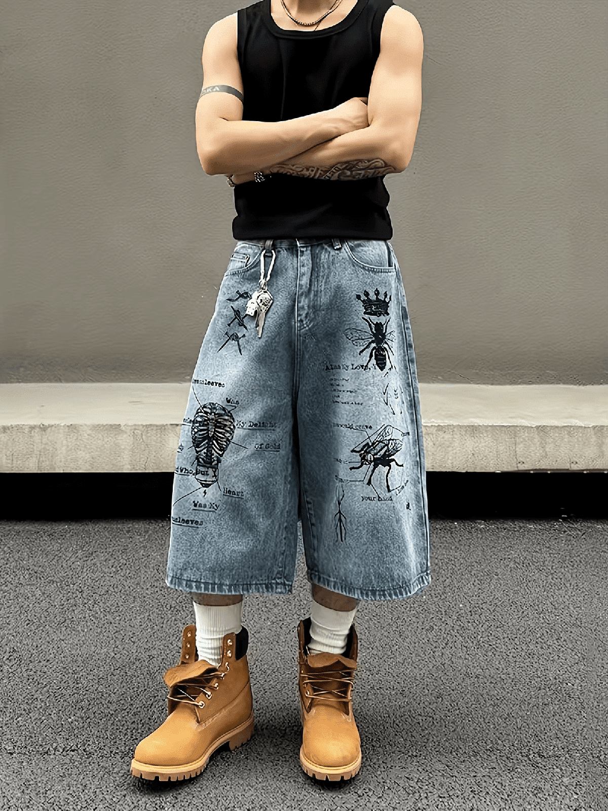 Retro Washed Graffiti Denim Long Shorts Men - IMG