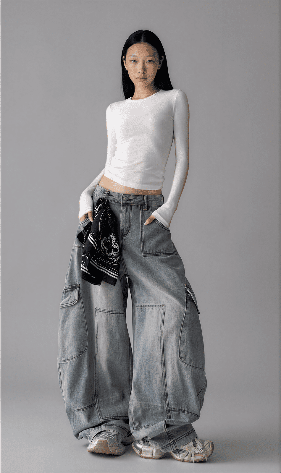 Retro Workwear Wide-Leg Cargo Jeans - IMG