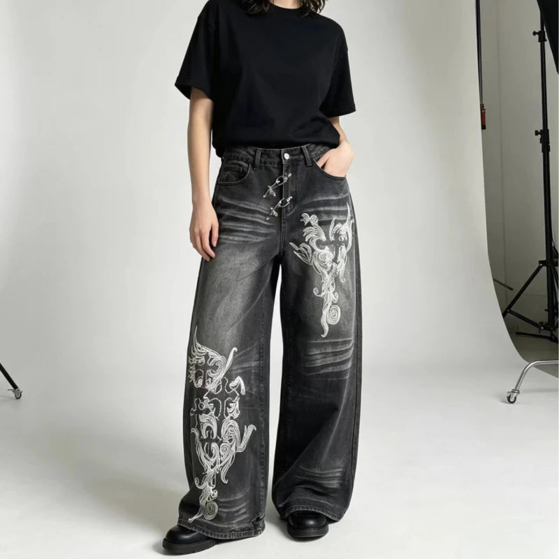 Washed Out Wide-Leg Denim — Y2K Oversized Graphic Jeans