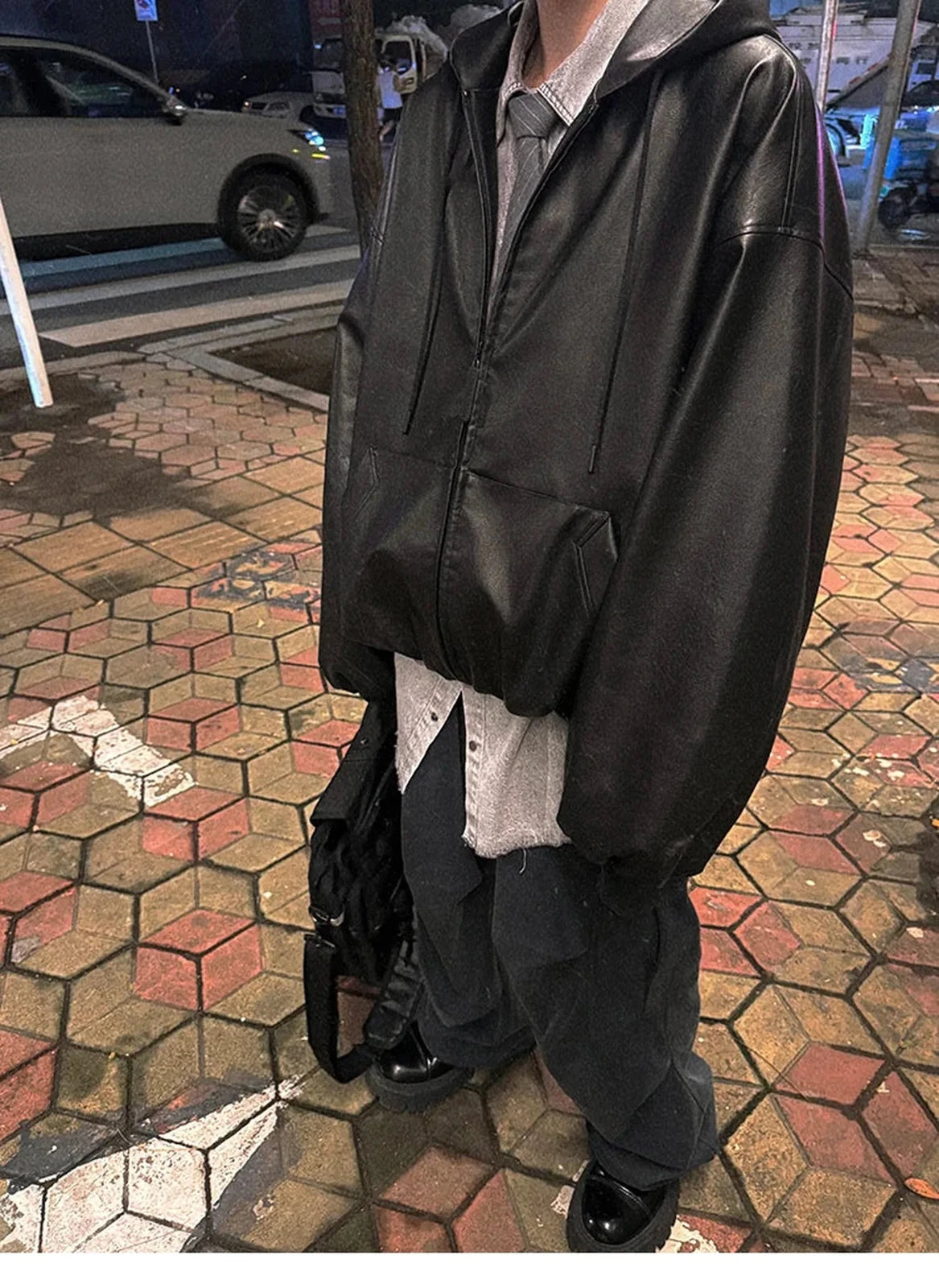Shadow Hood PU Leather Jacket - IMG