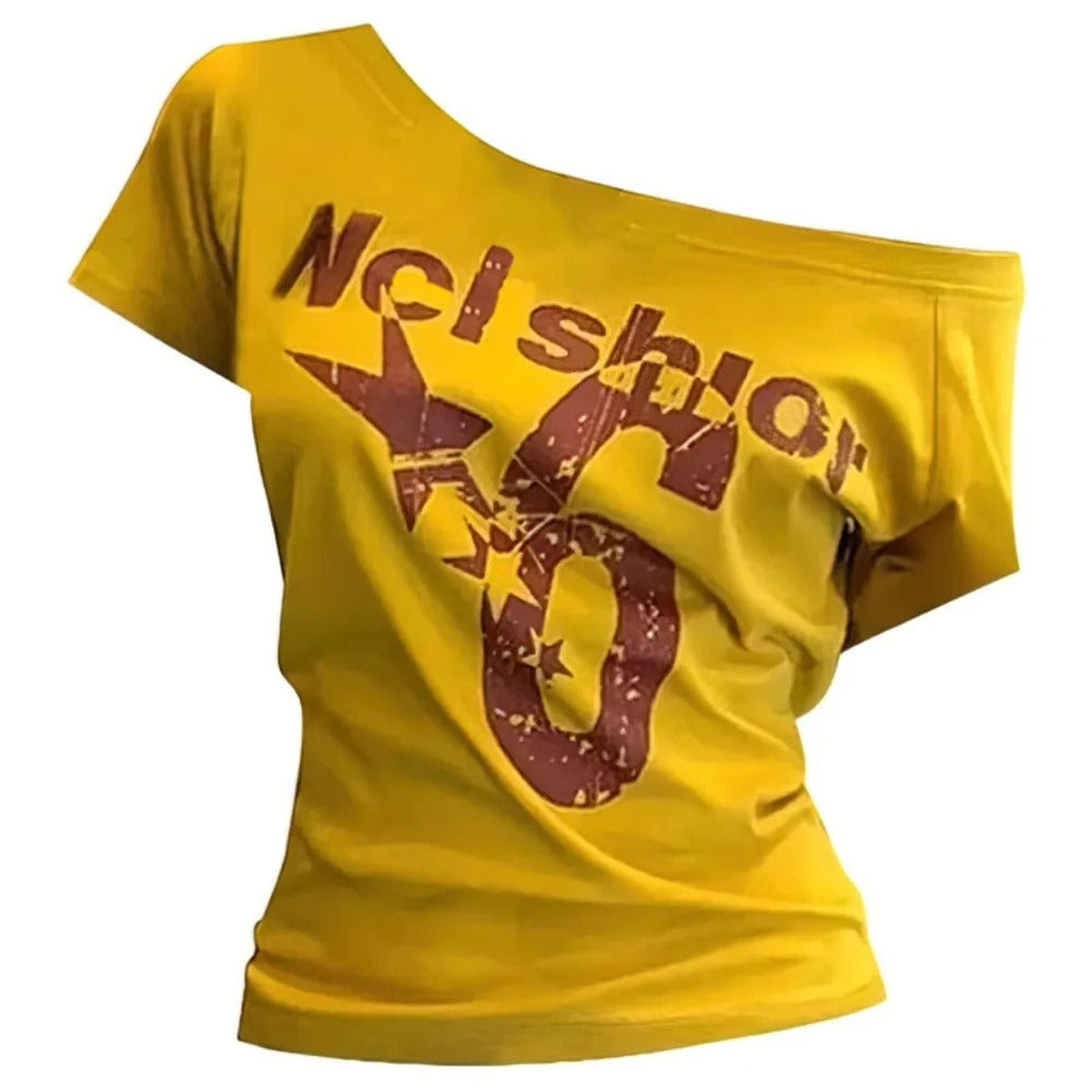 Skew Collar Off Shoulder Letter Print Y2K Baby Tee - IMG