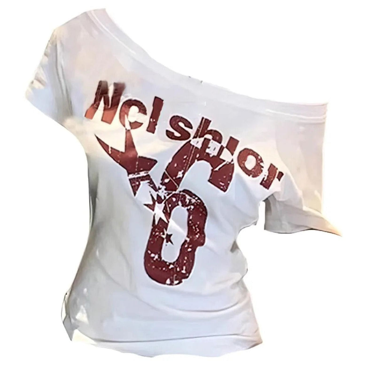 Skew Collar Off Shoulder Letter Print Y2K Baby Tee - IMG