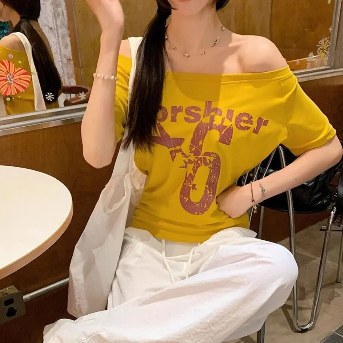 Skew Collar Off Shoulder Letter Print Y2K Baby Tee - IMG