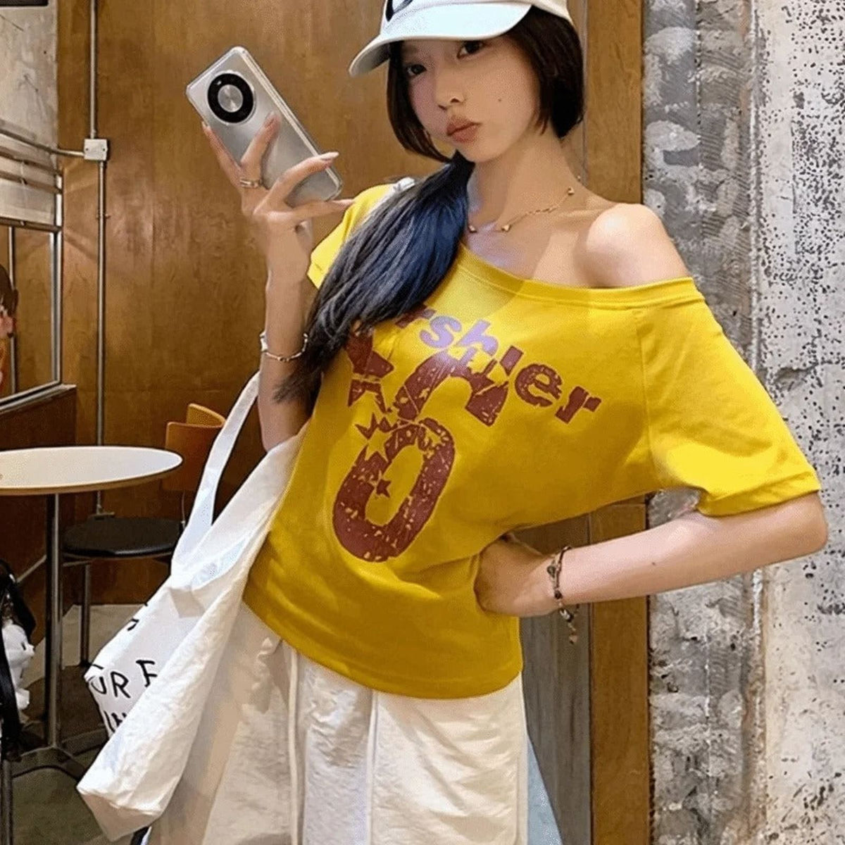 Skew Collar Off Shoulder Letter Print Y2K Baby Tee - IMG