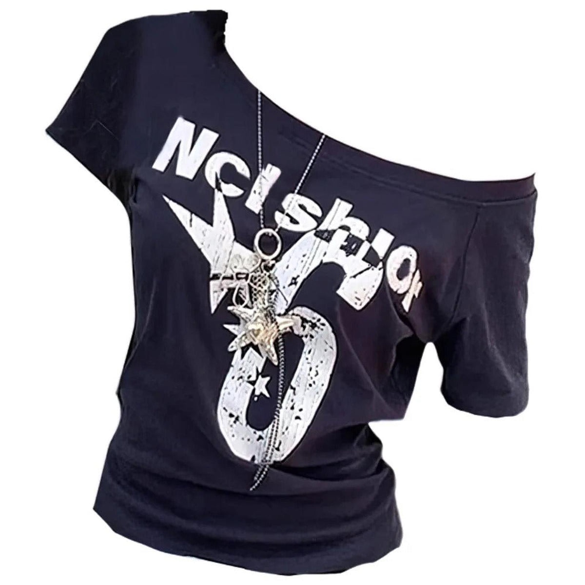 Skew Collar Off Shoulder Letter Print Y2K Baby Tee - IMG