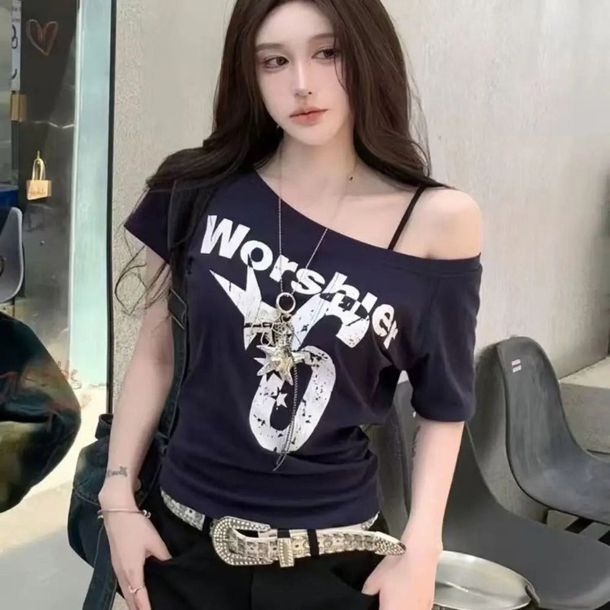 Skew Collar Off Shoulder Letter Print Y2K Baby Tee - IMG