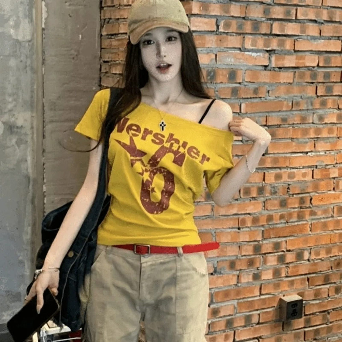 Skew Collar Off Shoulder Letter Print Y2K Baby Tee - IMG