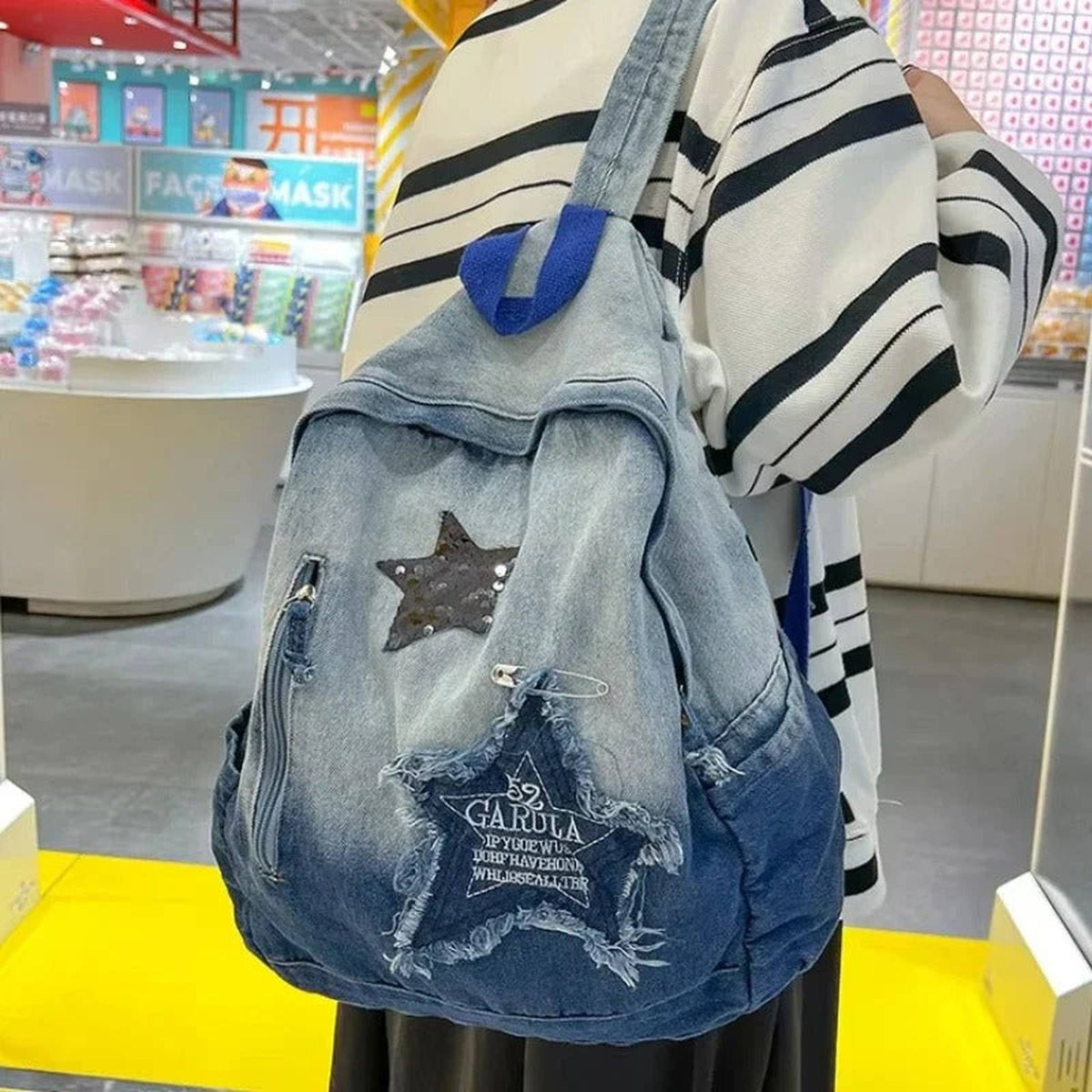 Star Pattern Denim Backpack Y2K Punk Vintage Oversized School Bag - IMG