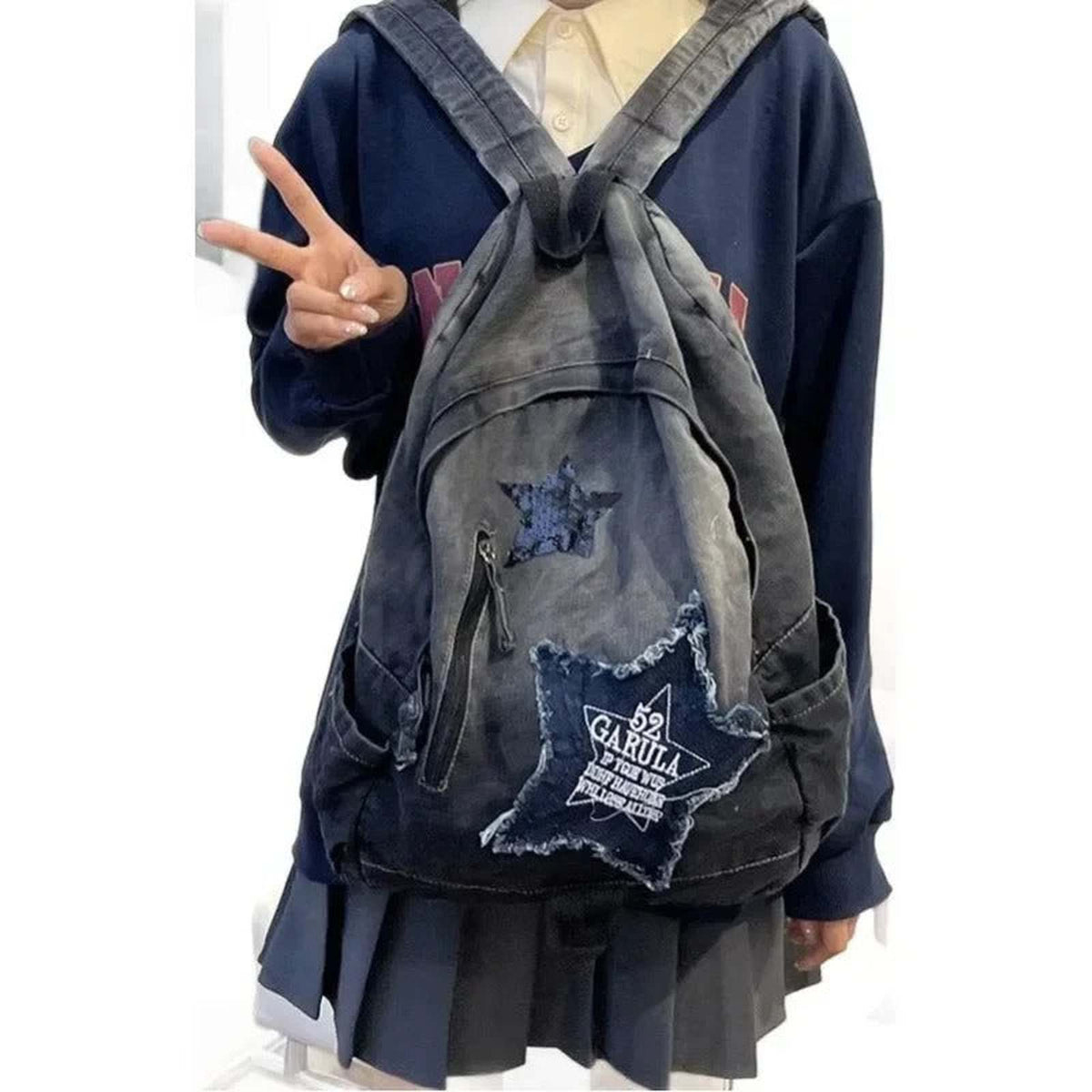 Star Pattern Denim Backpack Y2K Punk Vintage Oversized School Bag - IMG