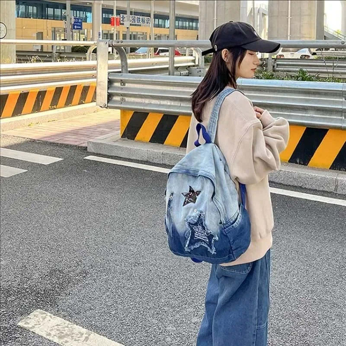 Star Pattern Denim Backpack Y2K Punk Vintage Oversized School Bag - IMG