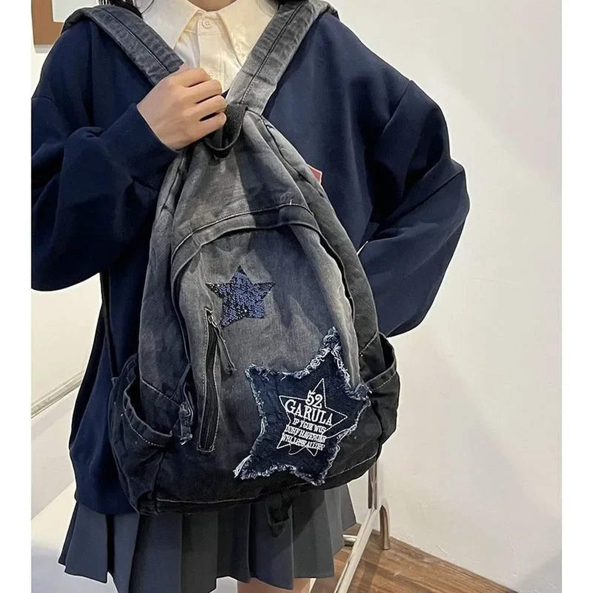 Star Pattern Denim Backpack Y2K Punk Vintage Oversized School Bag - IMG