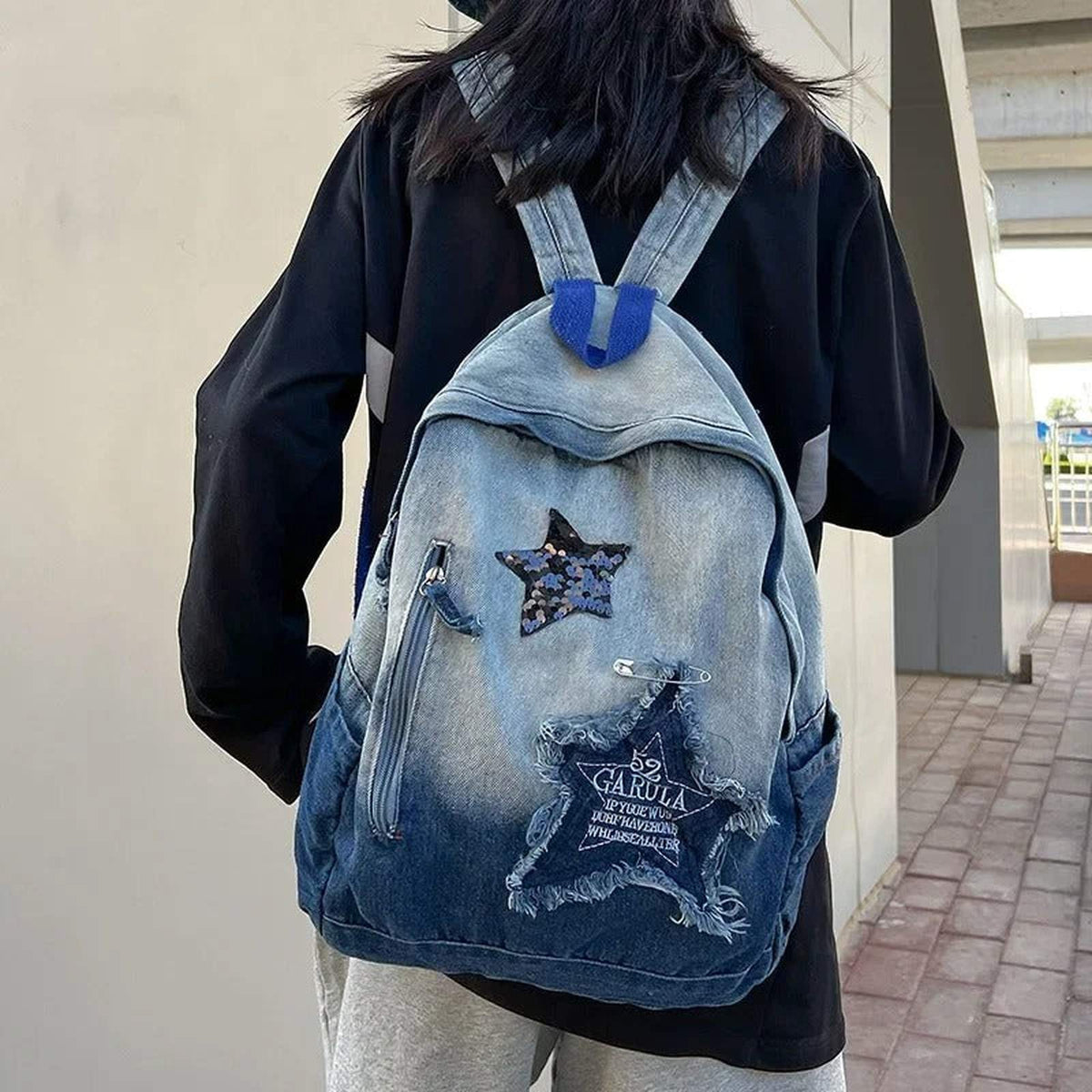 Star Pattern Denim Backpack Y2K Punk Vintage Oversized School Bag - IMG